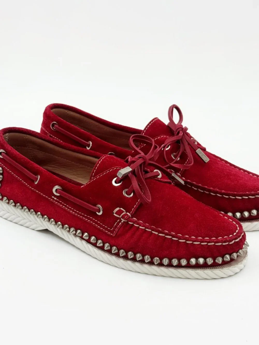 Christian Louboutin red suede loafers with silver studs